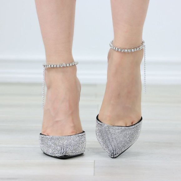 Black Pointed Toe Sparkly Rhinestone Ankle Strap High Heel Shoes Stiletto - Picture 8 of 13